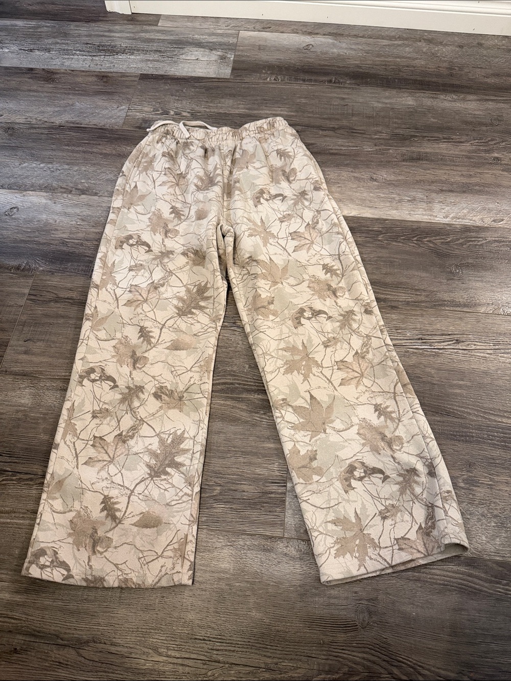 Refuge Beige Leaf-Print Wide Leg Pants